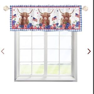 Highland Cow American Flags Flowers Kitchen Valances 54''X18'' Farm Yak Animal
